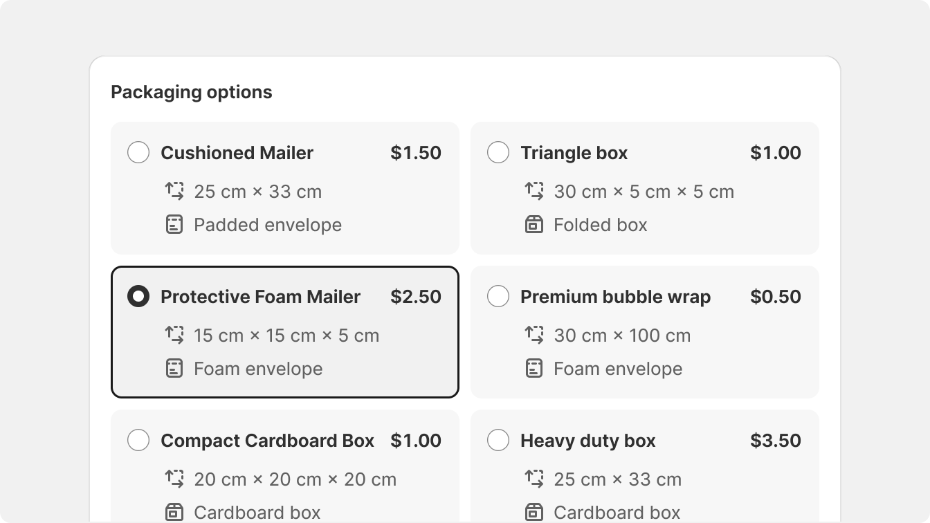 A grid layout depicting a packaging selection tool