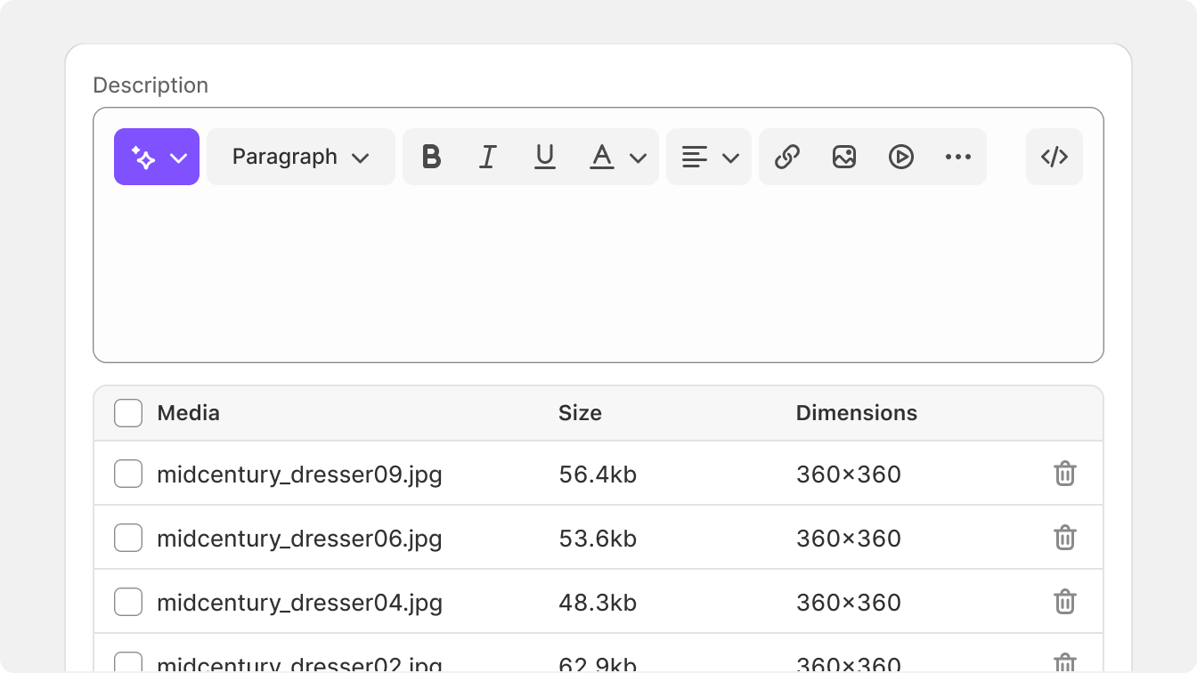 A description box followed by a data table describing the size and weight of each image