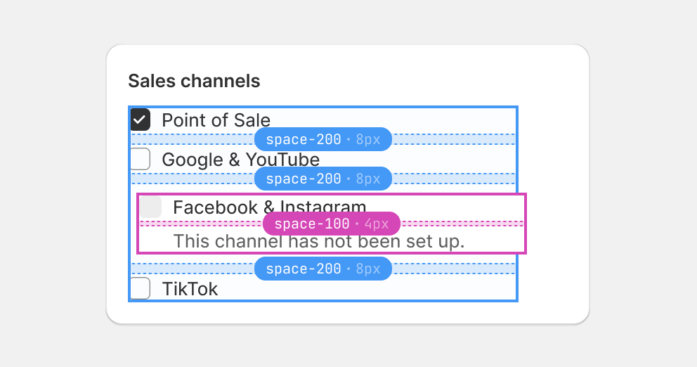 An example card with a list of checkbox items. The list is a stack with space-200 gaps. Single block list items are blocks in the list stack. Multi-block list items are stacks with space-100 gaps.