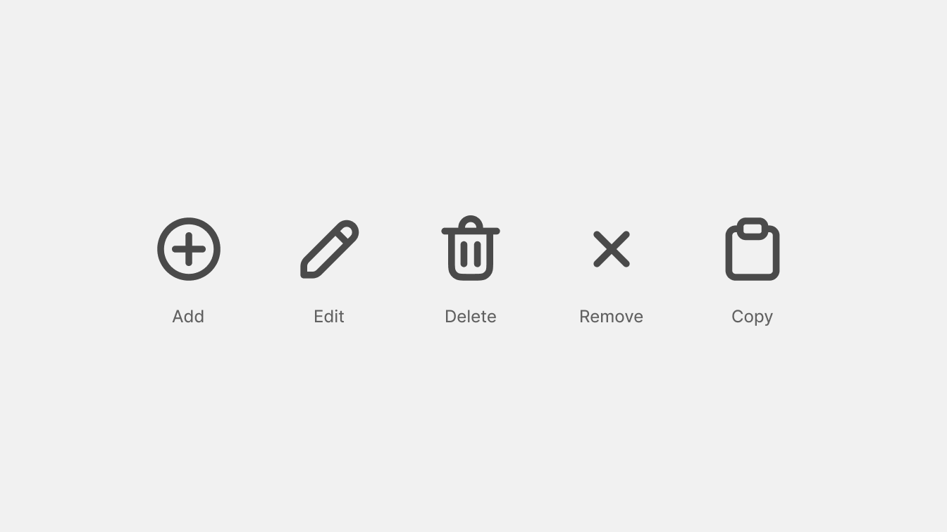 An image showing icons used for common actions add, edit, delete, remove, copy.