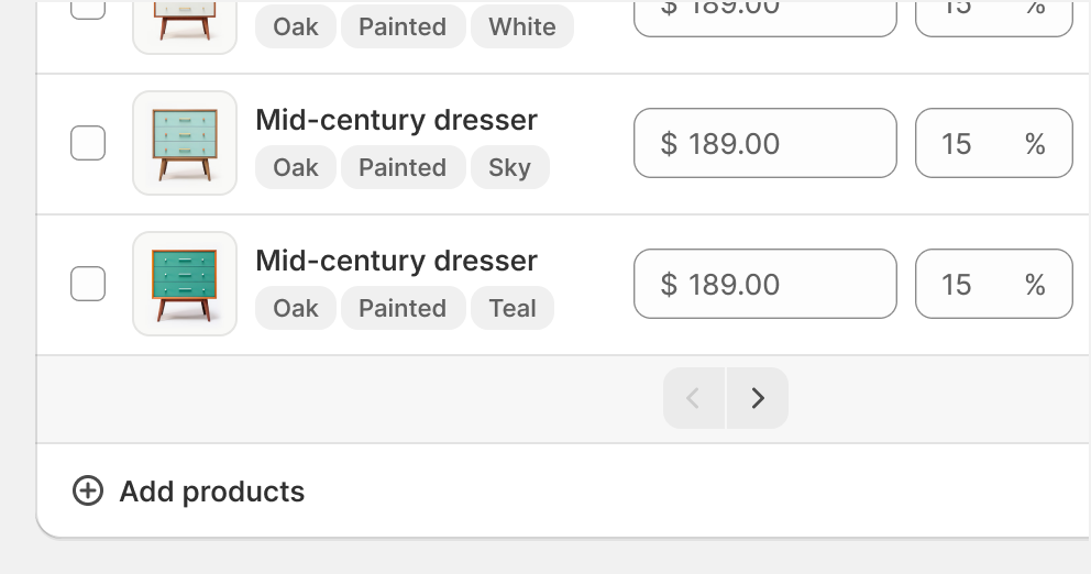 A table of products with an add action at the bottom of the table.