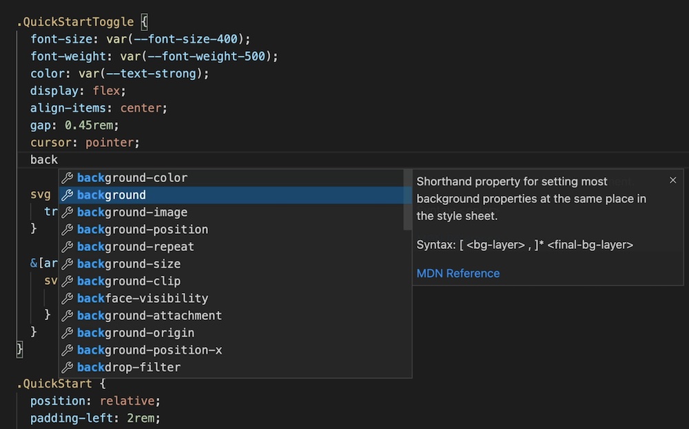 Screen shot of the Polaris VS Code extension actively autocompleting the value of a background CSS rule with the surface success design token.